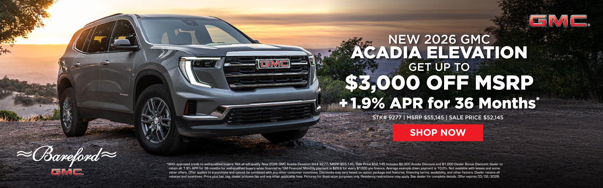 2026 GMC Acadia Elevation - $3,000 Off MSRP + 1.9% APR